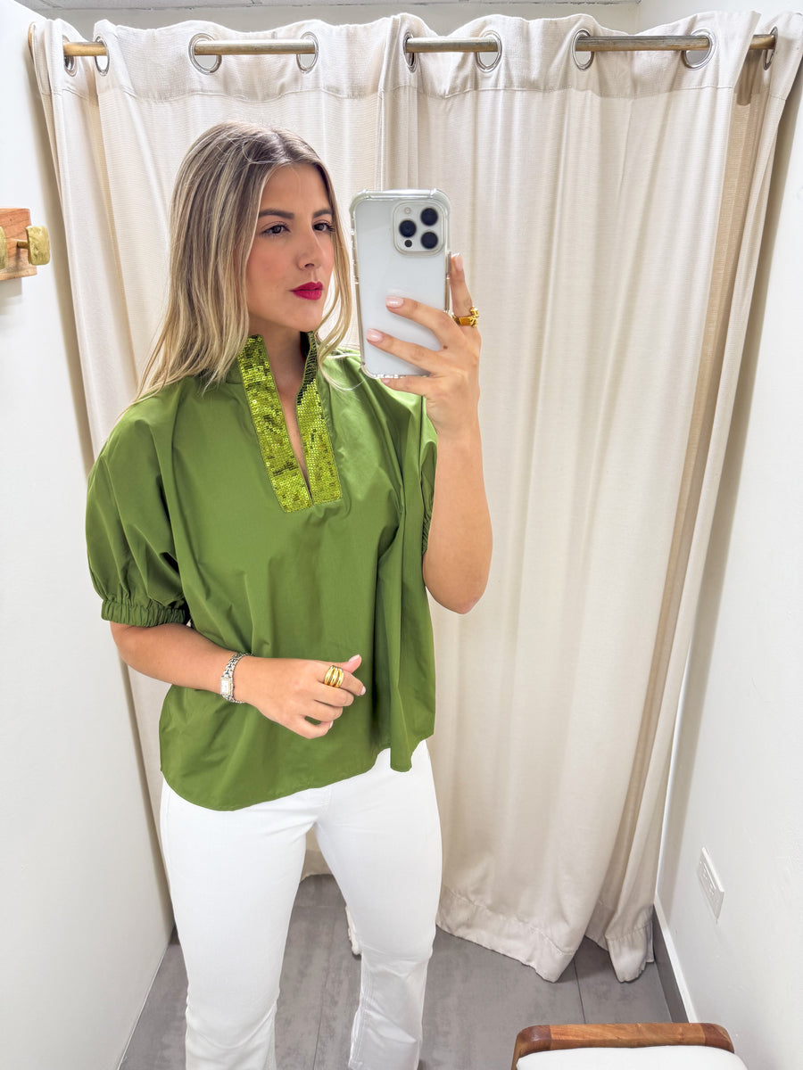 GREEN SEQUIN DETAILED BLOUSE