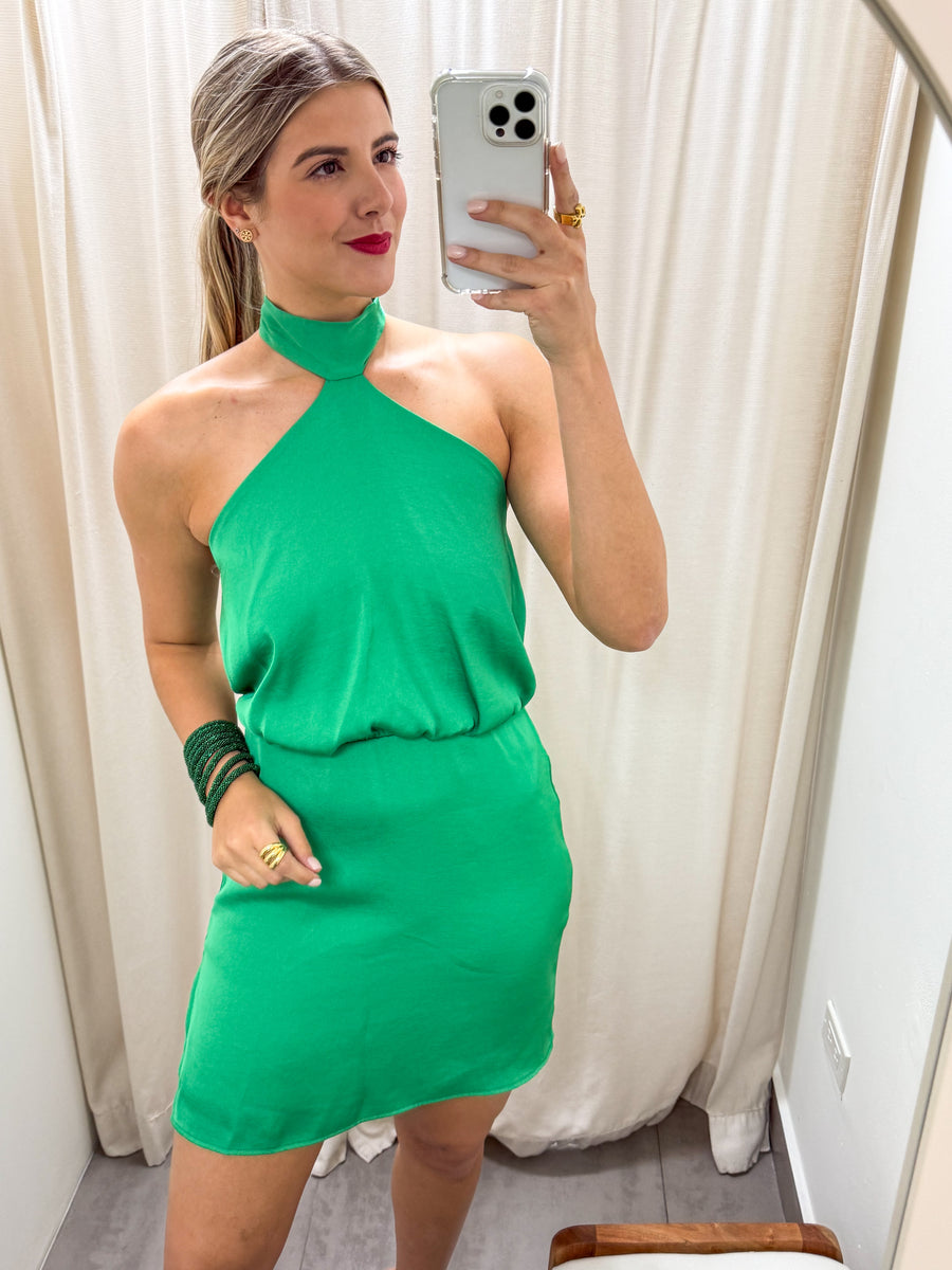 GREEN SILKY HALTER SHORT DRESS