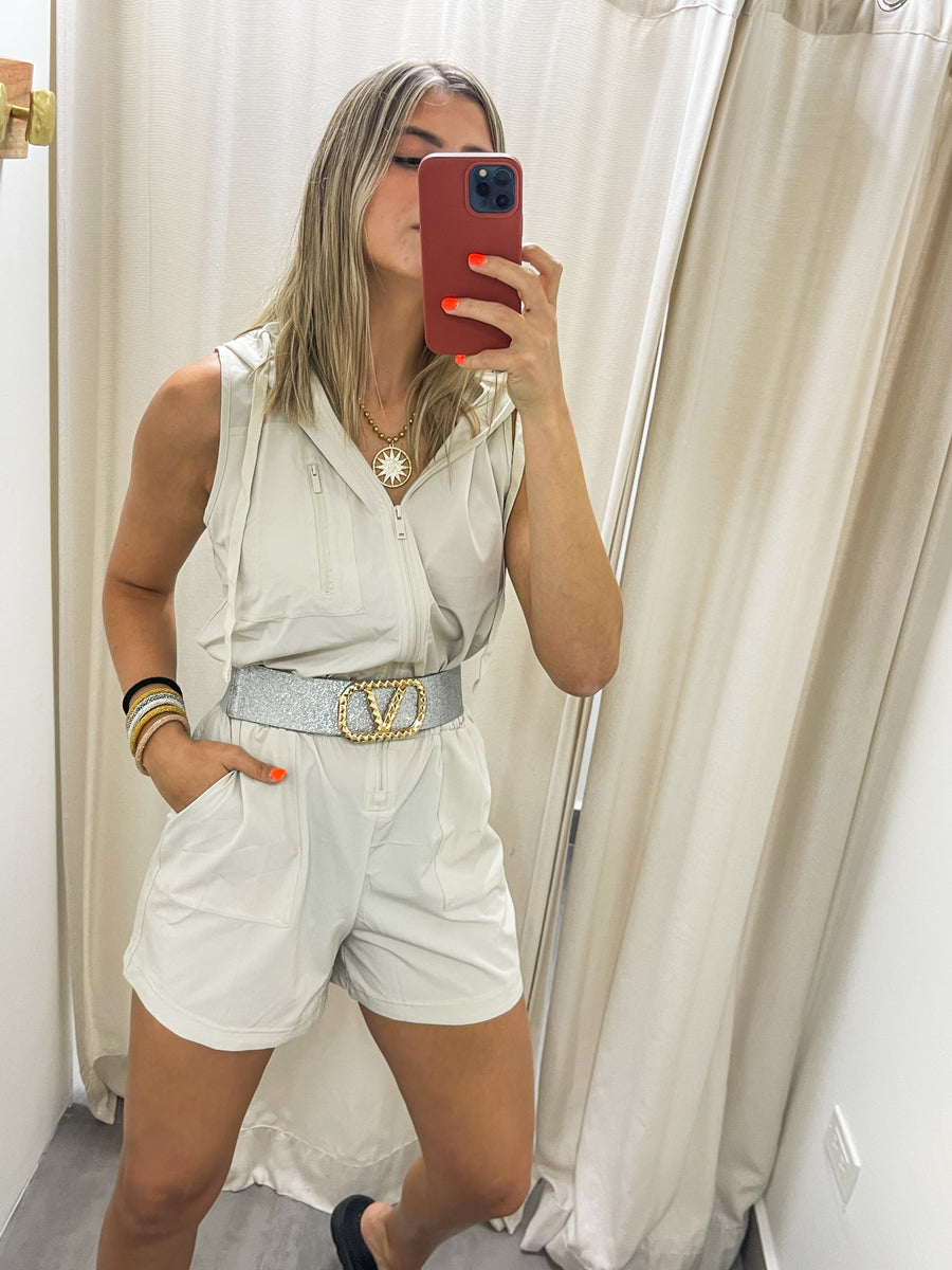 BONE WHITE NYLON HOODIE ROMPER