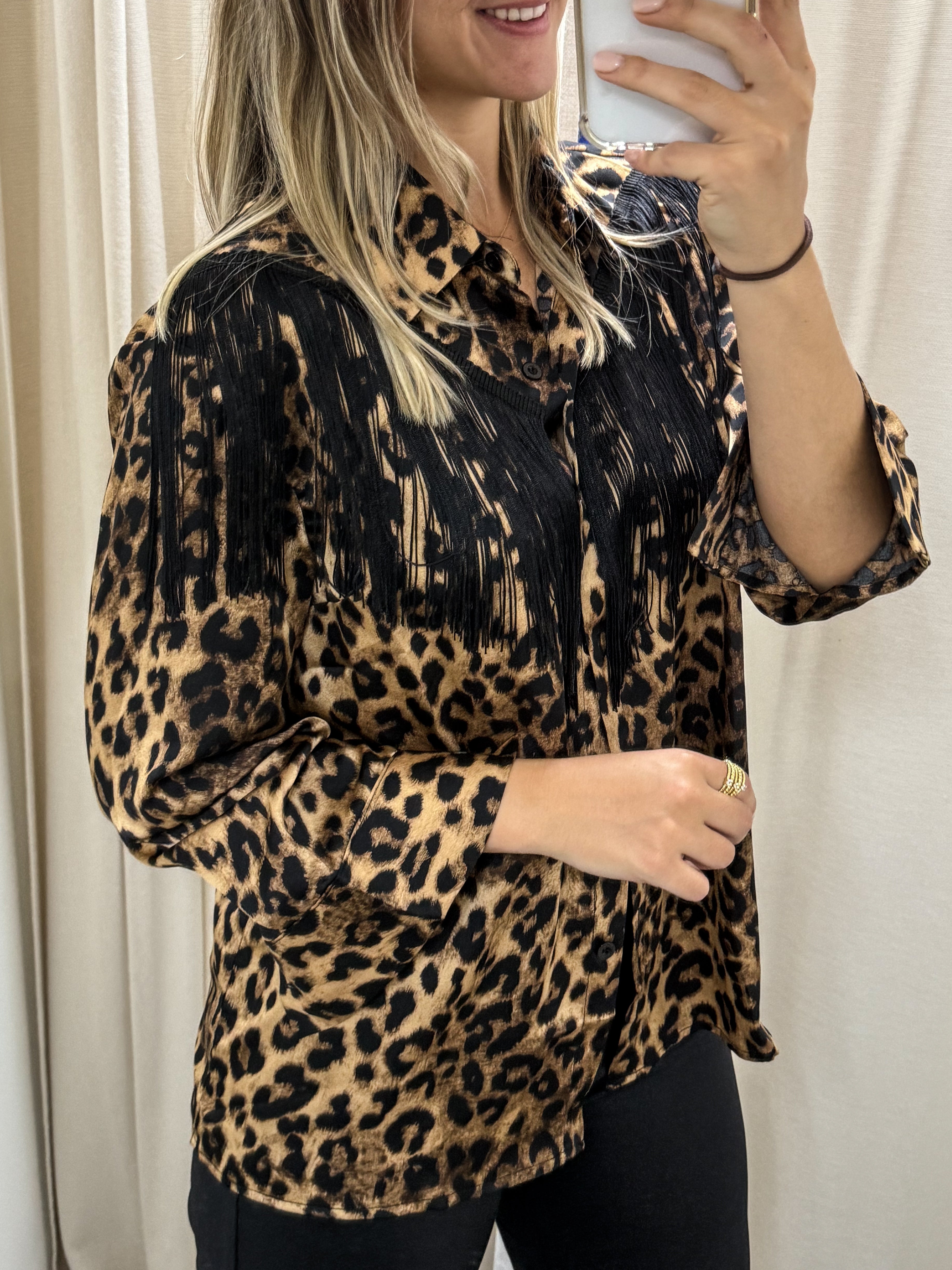 LEOPARD FRINGE LONG SLEEVE BLOUSE