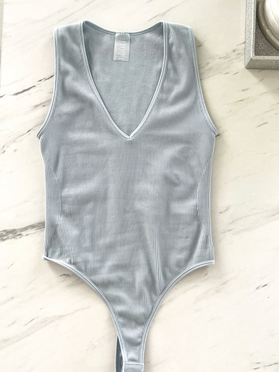 LIGHT BLUE V-NECK RIBBED BODYSUIT