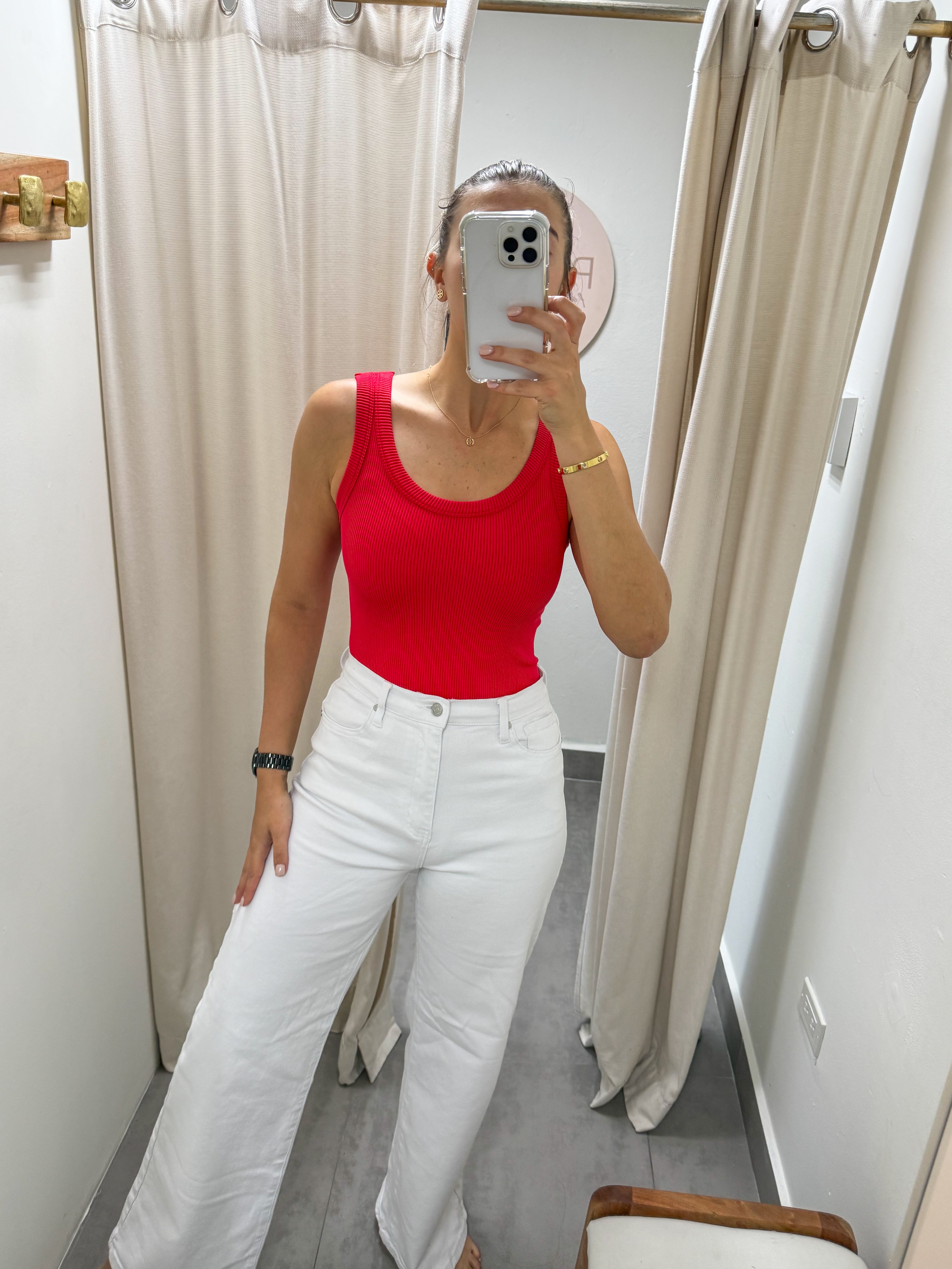 RED SCOOP NECK BODYSUIT