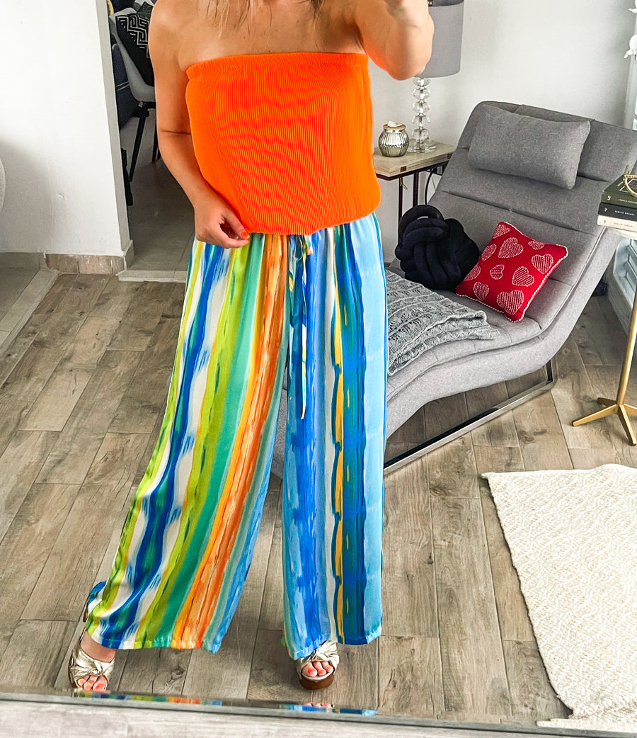 ORANGE STRAPLESS PLEATED TUBE TOP