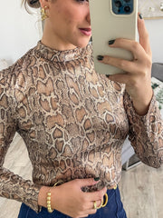 LONG SLEEVE TAUPE SNAKE PRINT BLOUSE