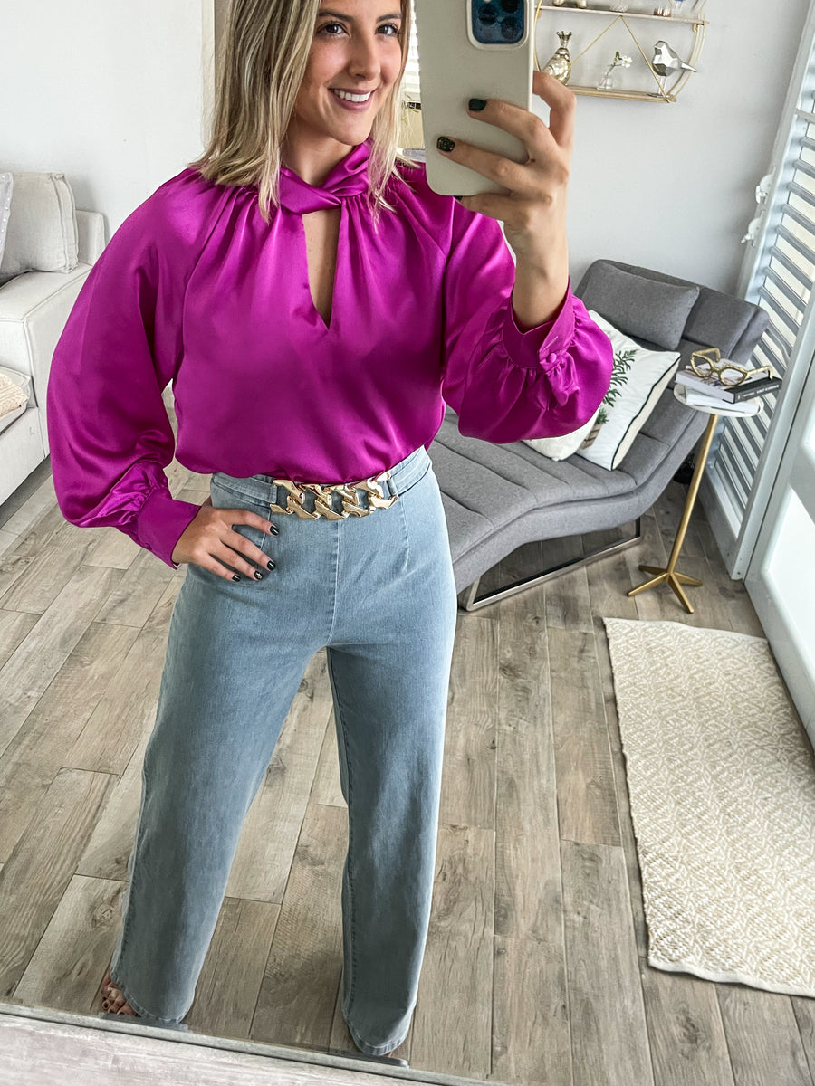 MAGENTA SATIN TWISTED NECK BLOUSE