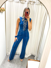 DENIM BLUE CHAINS STRETCHY GLAM JUMPSUIT