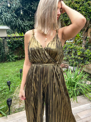 BRONZE METALLIC PLEATED JUMPSUIT