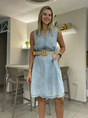 LIGHT DENIM TENCEL SLEEVELESS KNEE LENGTH DRESS