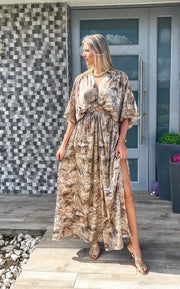 BROWN/BEIGE PRINT KIMONO SLEEVES MAXI DRESS