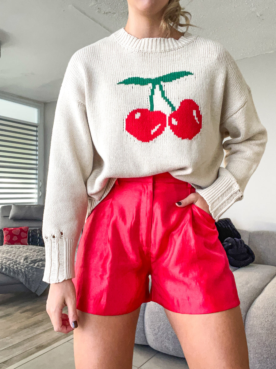 RED SATIN HIGH WAISTED SHORTS