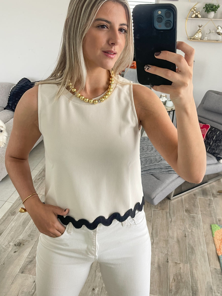 CREAM/BLACK BORDER BLOUSE