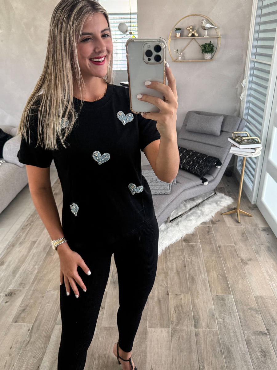 BLACK DENIM HEART TSHIRT