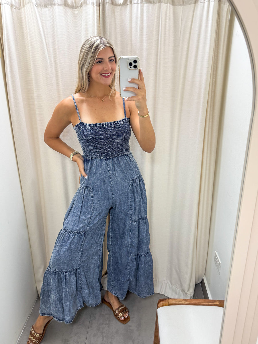 DENIM TENCEL FLARE JUMPSUIT