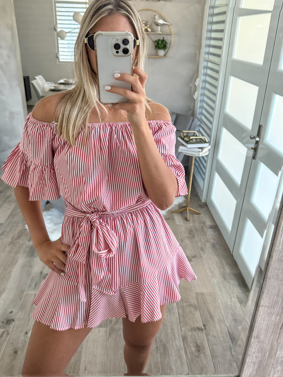 RED STRIPED OFF SHOULDER ROMPER