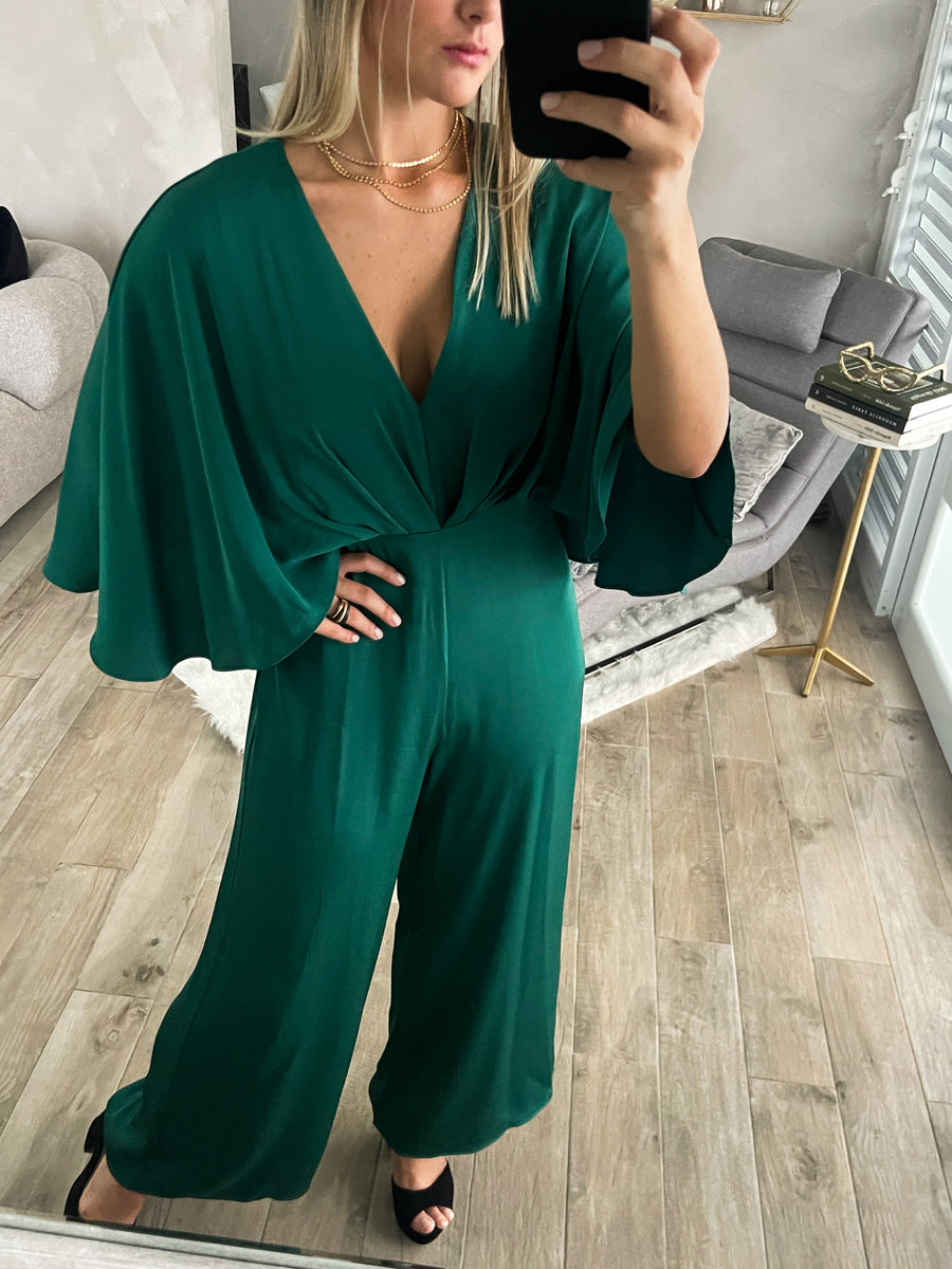 DARK GREEN SILKY CAPE JUMPSUIT