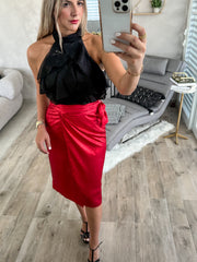 RED SATIN METALLIC WRAP AROUND SKIRT