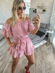 RED STRIPED OFF SHOULDER ROMPER