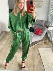 GREEN METALLIC SATIN CROP TOP