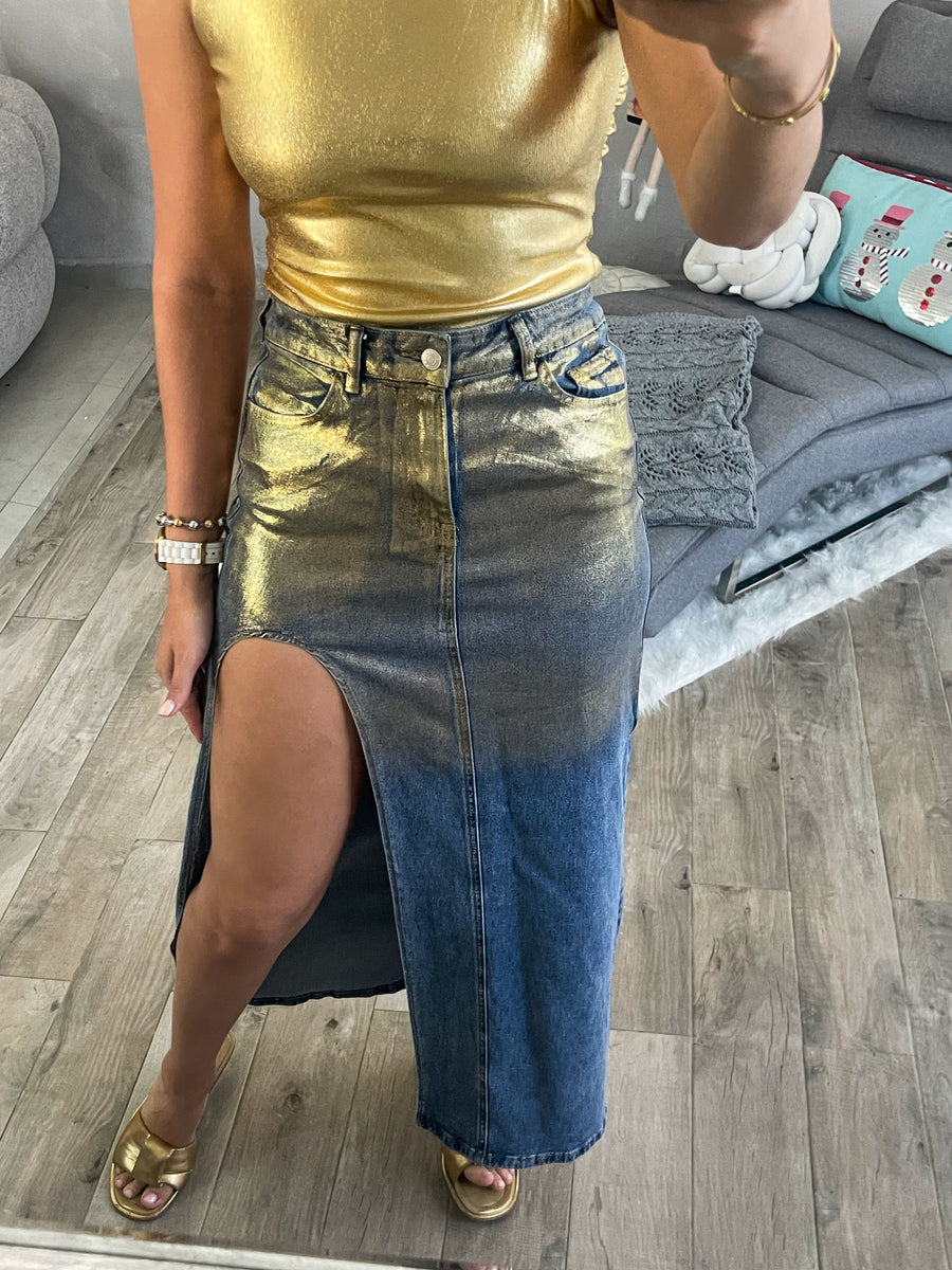 GOLD METALLIC DENIM STRETCH ASYMMETRICAL SKIRT