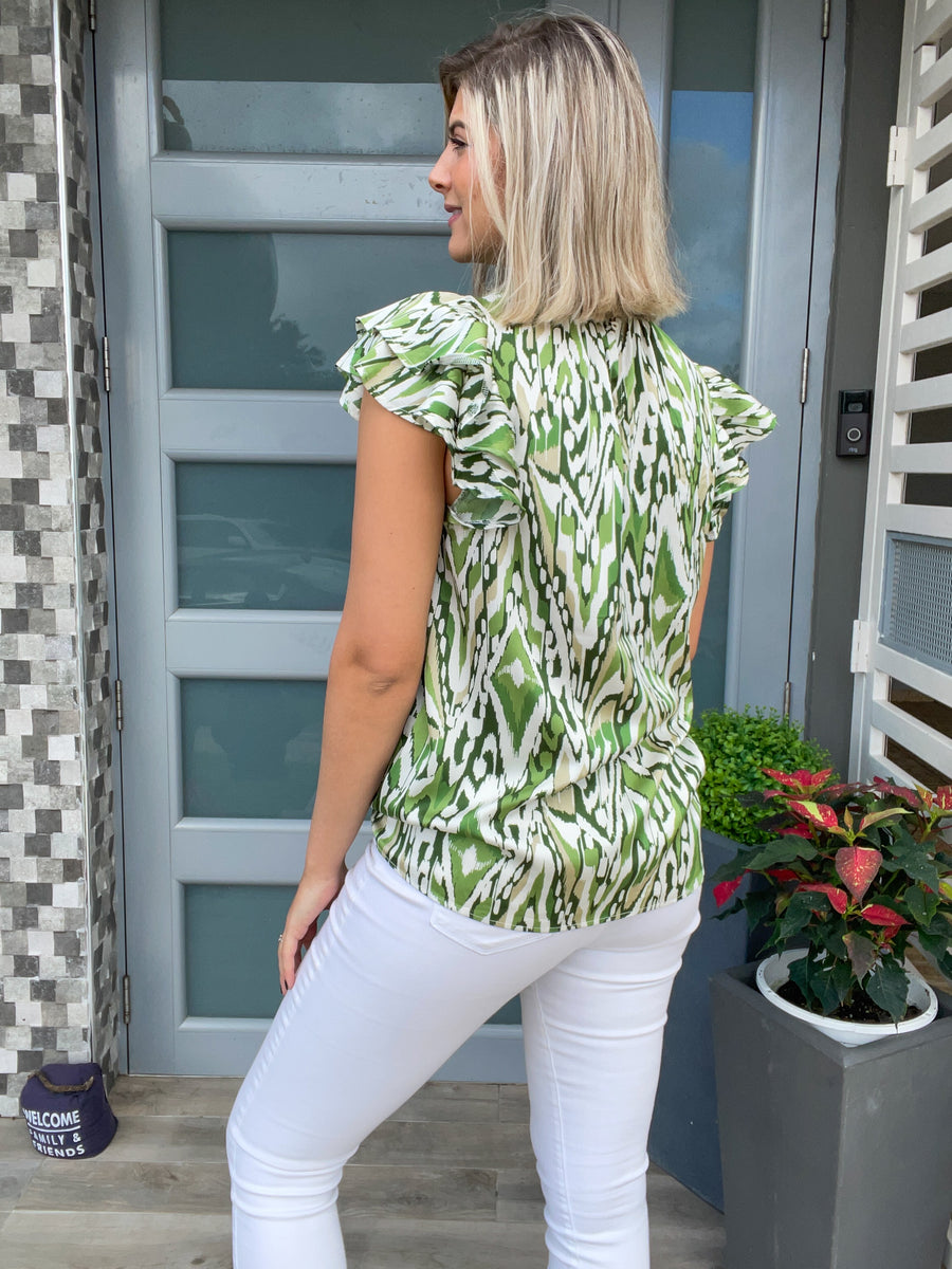 MX GREEN PRINT SATIN BLOUSE