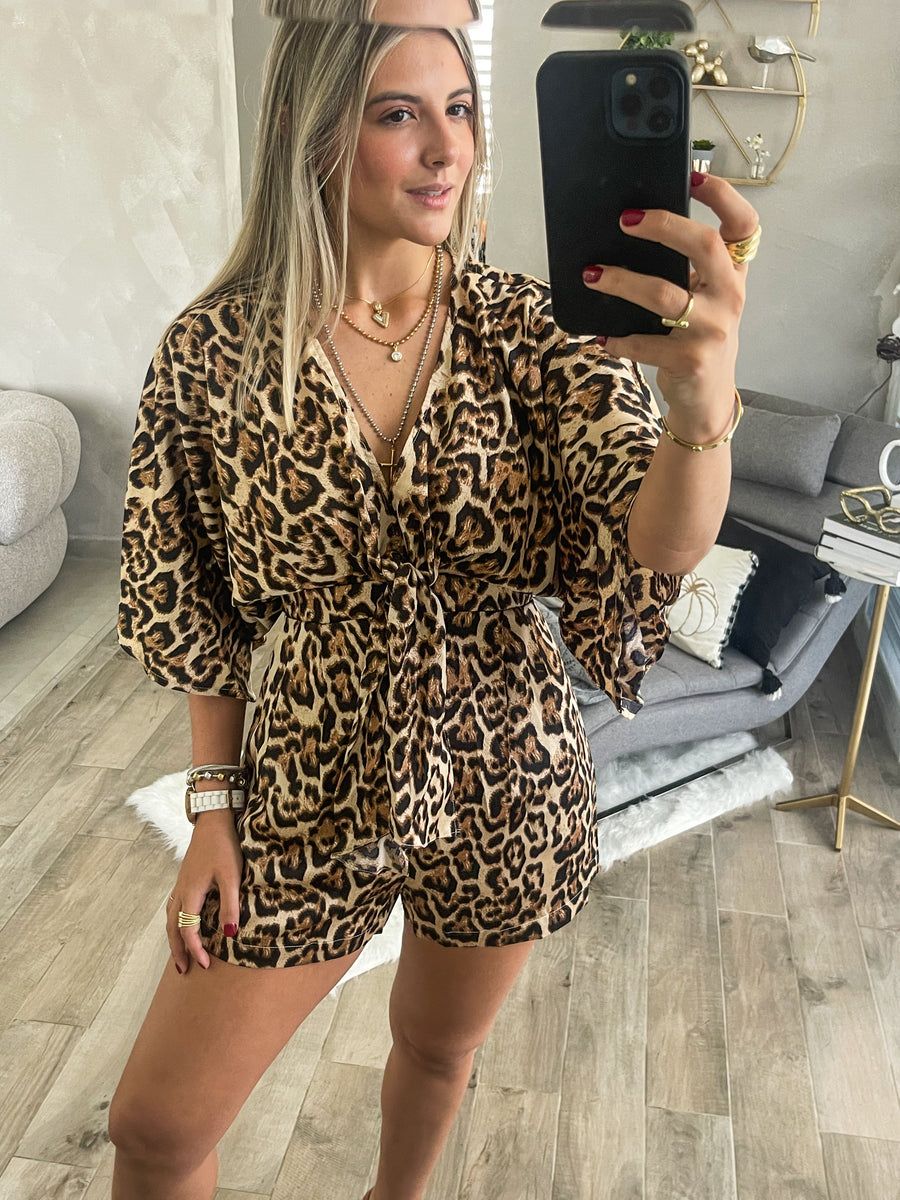 LEOPARD SATIN KIMONO ROMPER