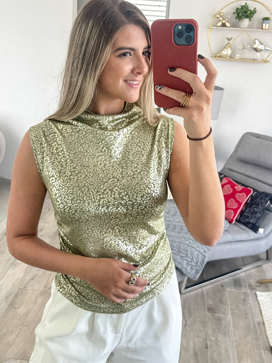 OLIVE/GOLD METALLIC LEOPARD MOCK NECK TOP