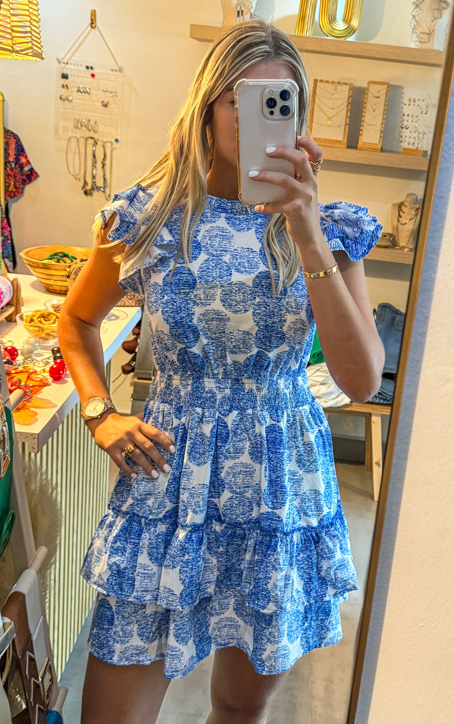 BLUE/WHITE PRINTED SHORT DRESS