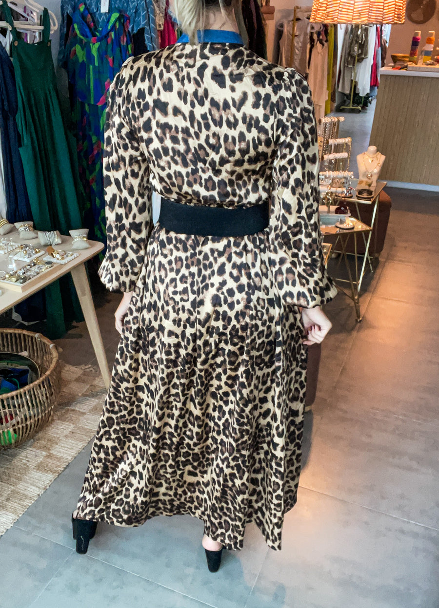 LEOPARD DENIM BORDER MAXI DRESS