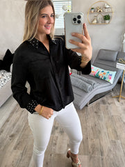 BLACK SATIN RHINESTONES BUTTONED BLOUSE