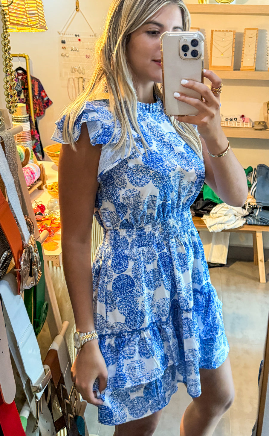 BLUE/WHITE PRINTED SHORT DRESS