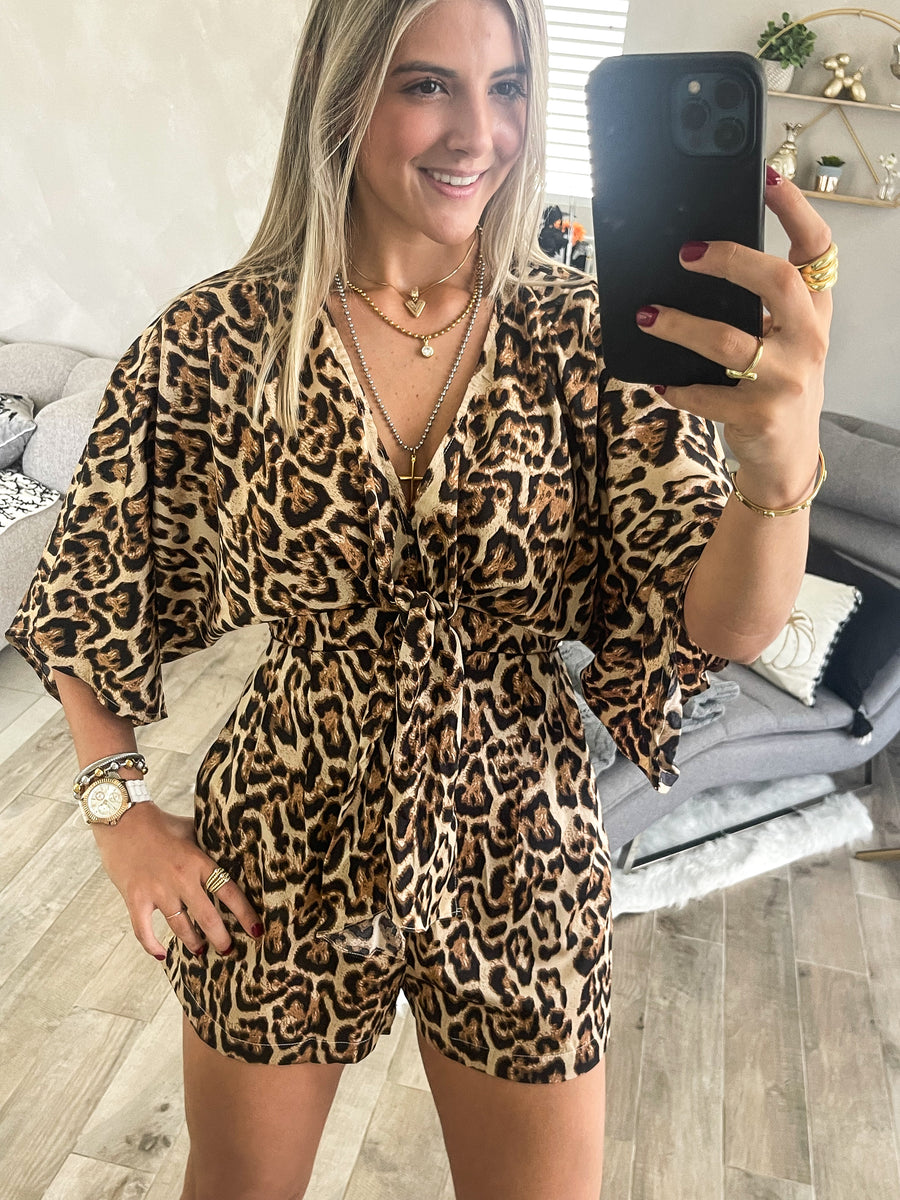 LEOPARD SATIN KIMONO ROMPER