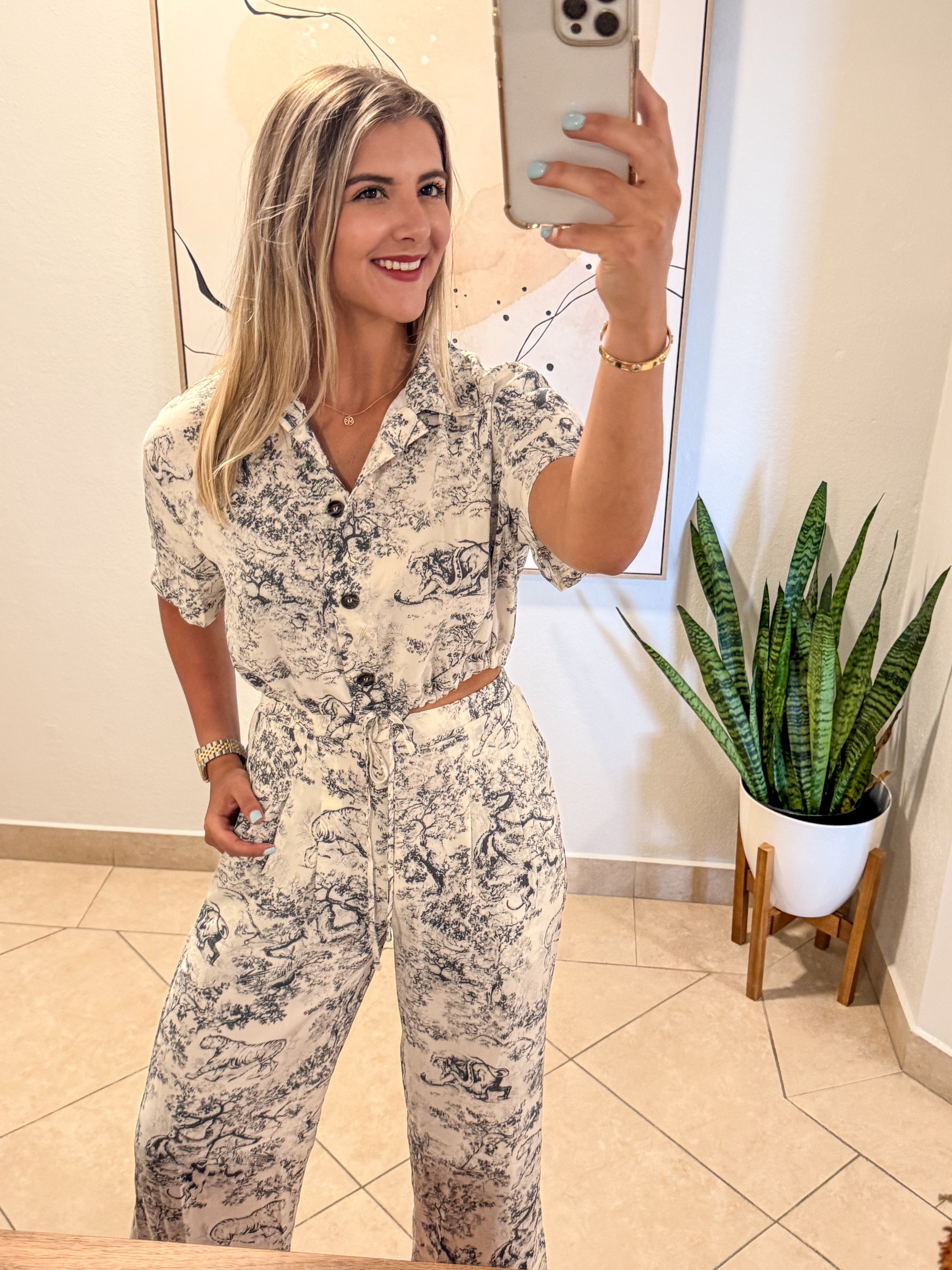 PRINTED SHORT SLEEVE BUTTON DOWN TOP & LONG PANT SET