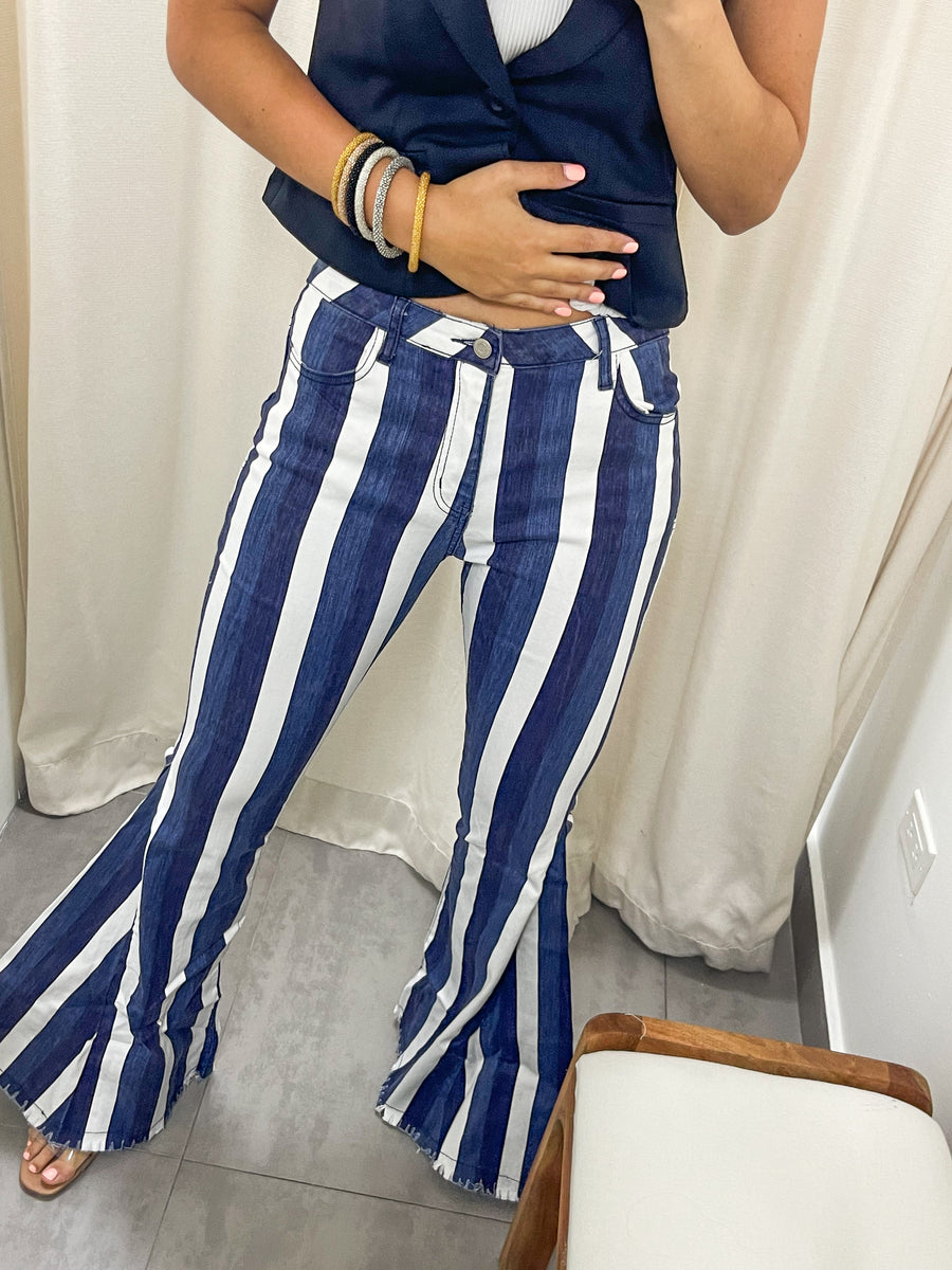 NAVY STRIPED FLARE BACK STAR JEANS