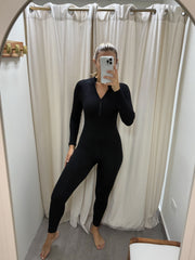 ONE SIZE BLACK RIBBED ZIPPER JUMPSUIT