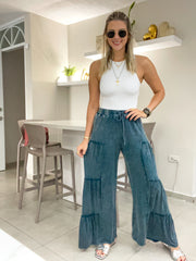 TEAL MINERAL WASHED WIDE LEG PANTS