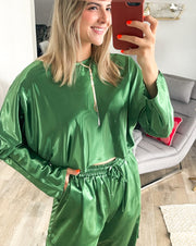 GREEN METALLIC SATIN CROP TOP