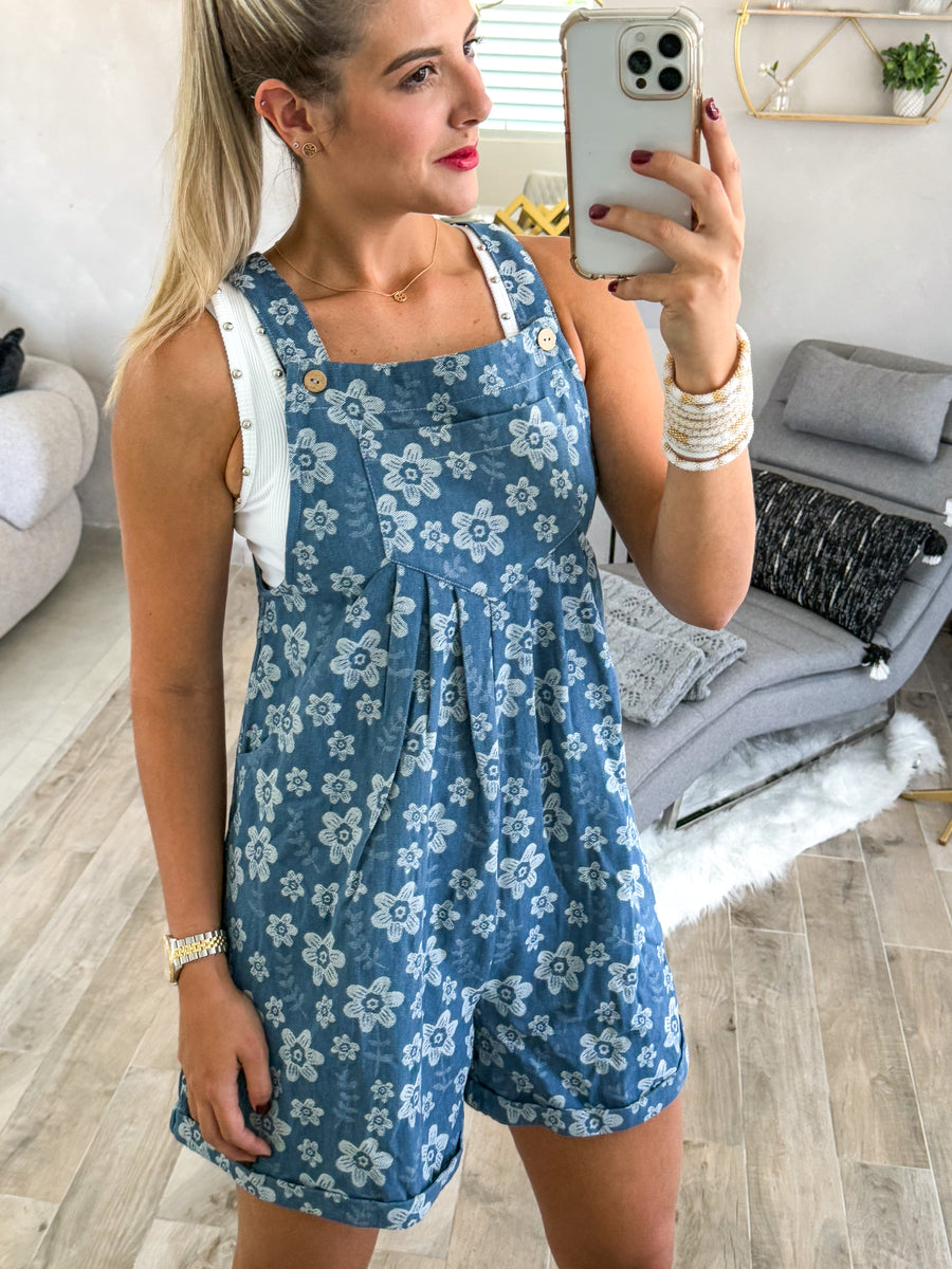 DENIM FLORAL SHORT OVERALL