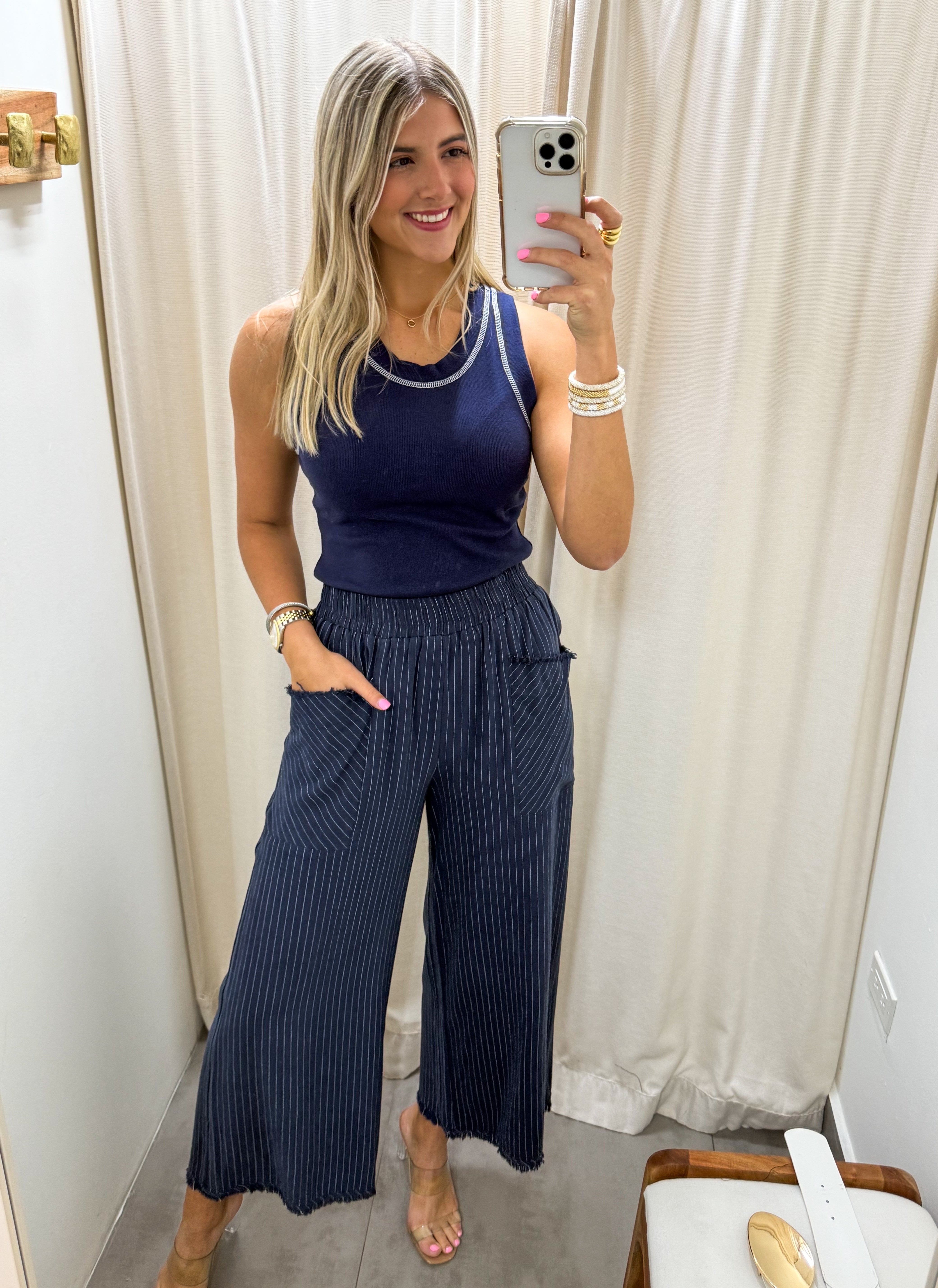 NAVY STRIPED WIDE LEG PANTS