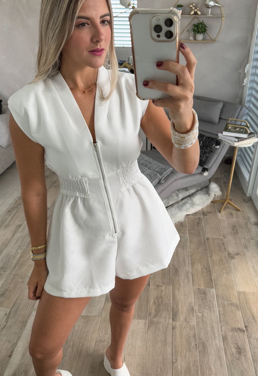 WHITE V-NECK ZIPPER ROMPER