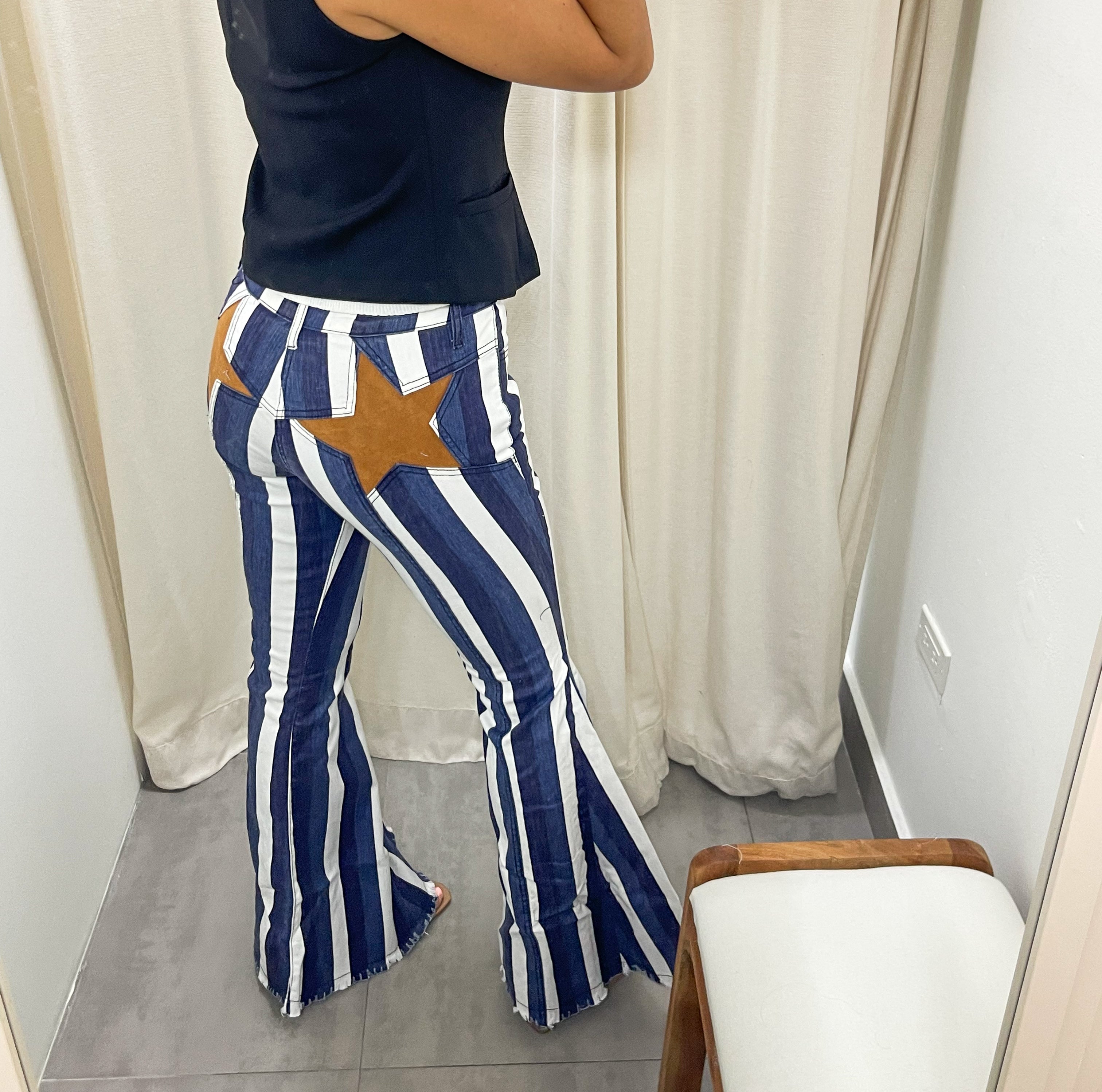 NAVY STRIPED FLARE BACK STAR JEANS