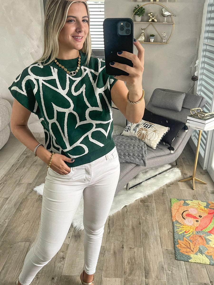 HUNTER GREEN HEART PATTERN TOP