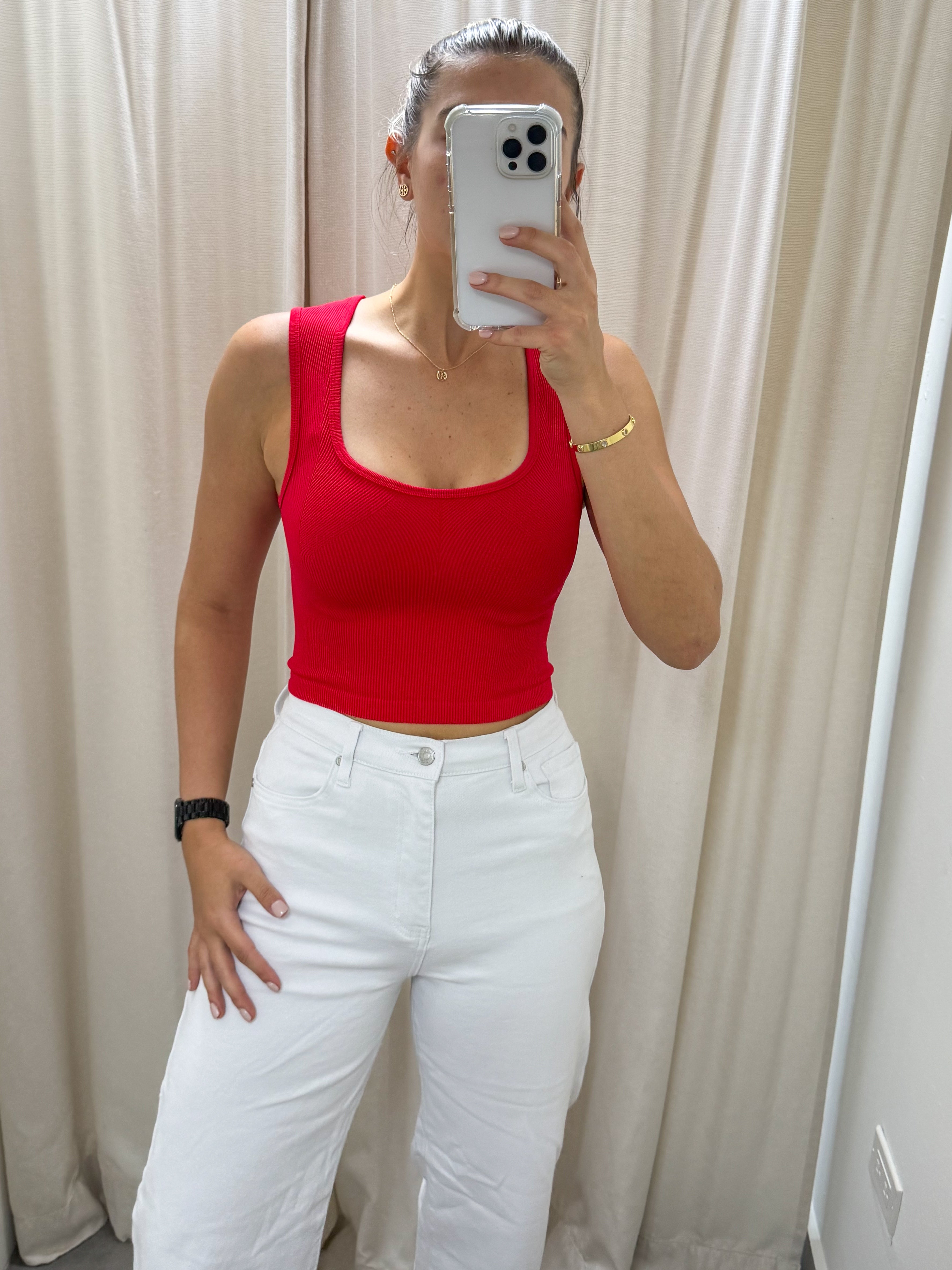 RED JACQUARD VECK CROP TOP