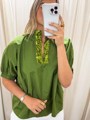 GREEN SEQUIN DETAILED BLOUSE