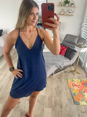 NAVY SATIN V-NECK CAMI DRESS