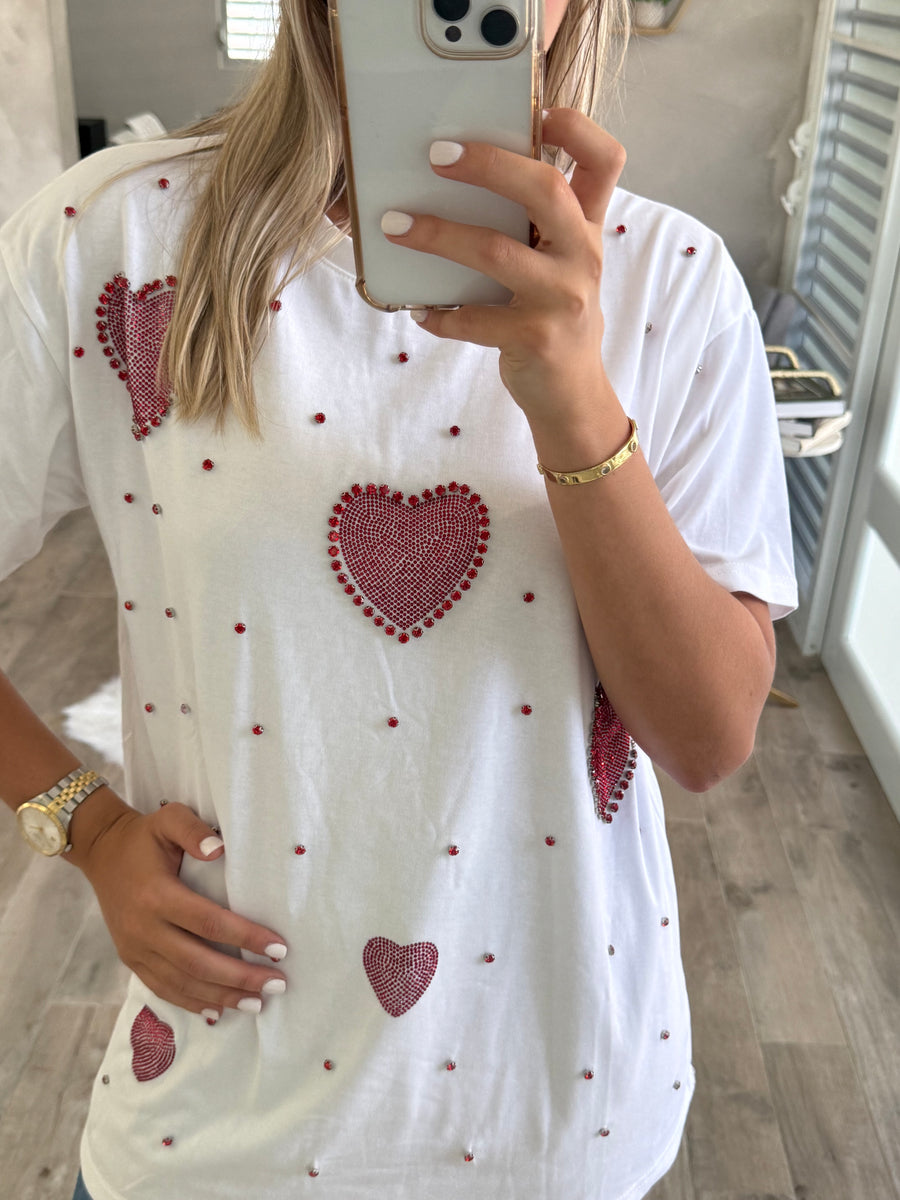 WHITE HEART RHINESTONES OVERSIZED TSHIRT