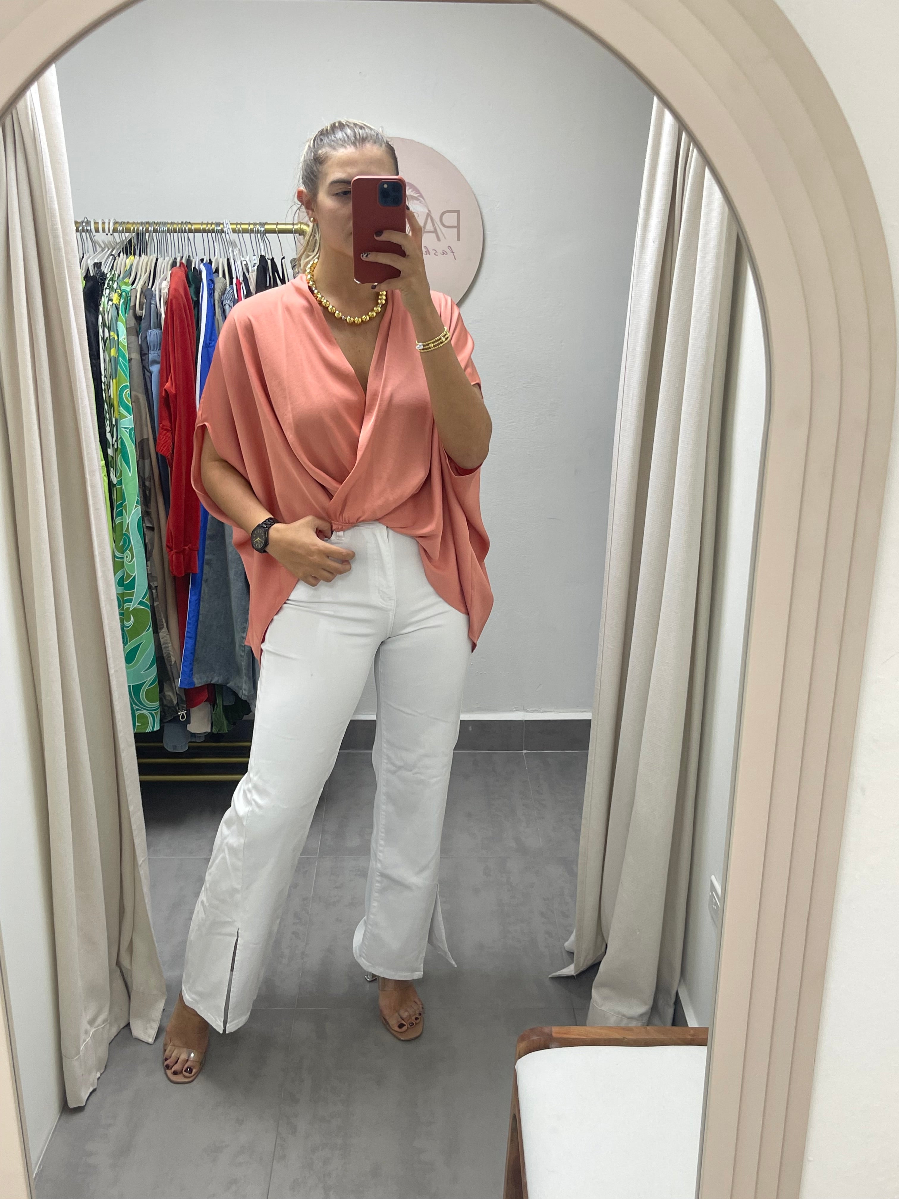 PEACH SATIN TUNIC BLOUSE