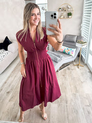 BURGUNDY ZIPPER MIDI DRESS