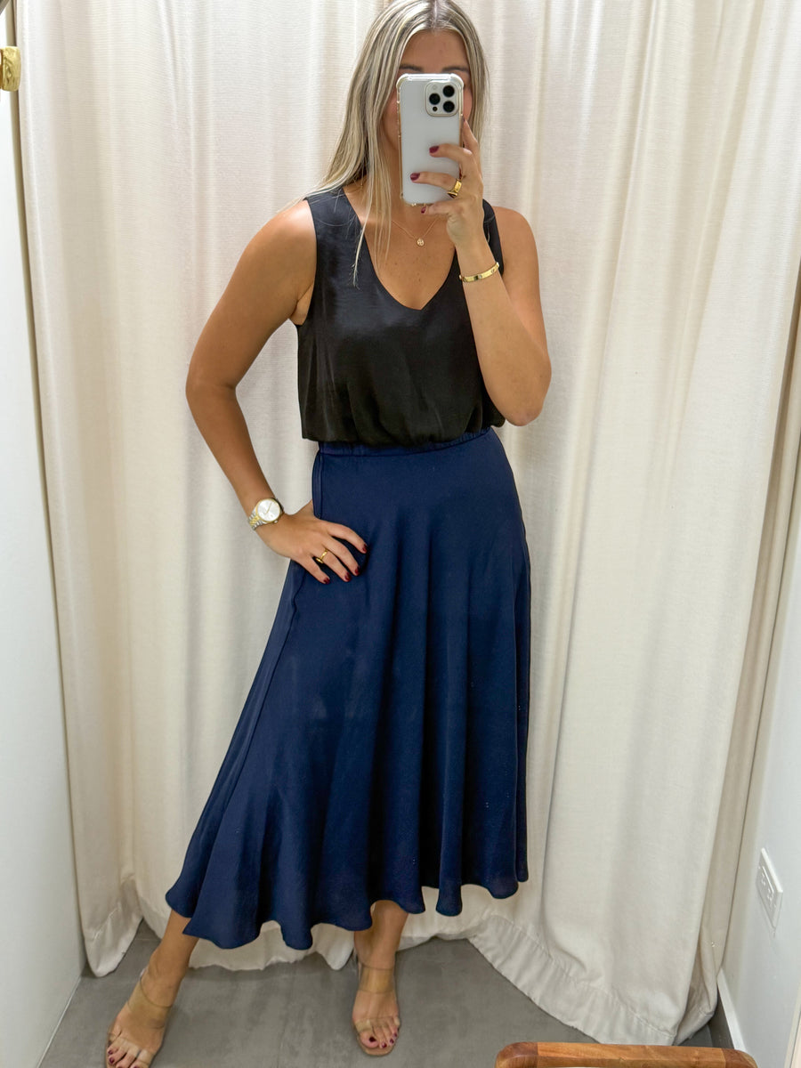 NAVY SILKY HIGH LOW SKIRT