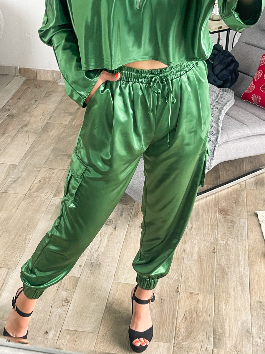 GREEN METALLIC SATIN JOGGER