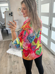 MULTICOLOR HEART PRINT BUTTON SHIRT